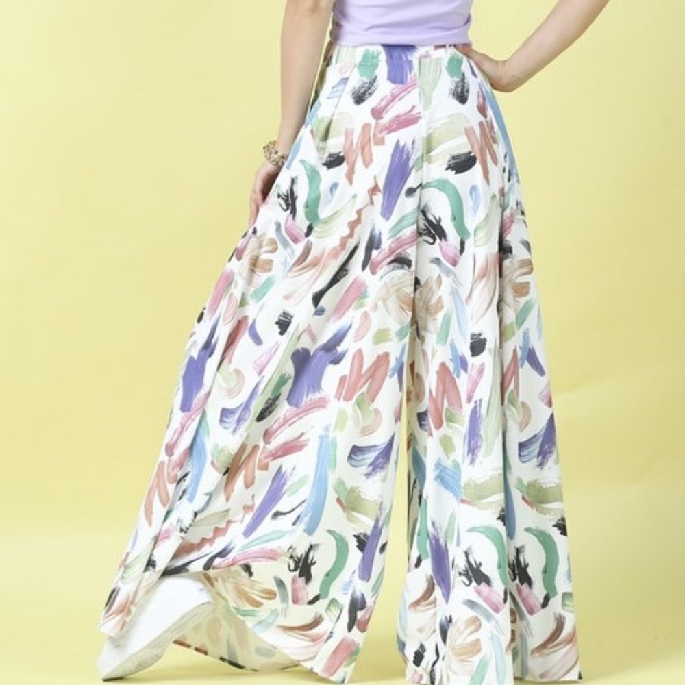 Wide Leg Painted Brushstroke Palazzo Pants - White Multi